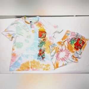 MTV Licensed Graphic T-shirt / Shorts Set Sz S Regular Tie Dye Tropical A-2
